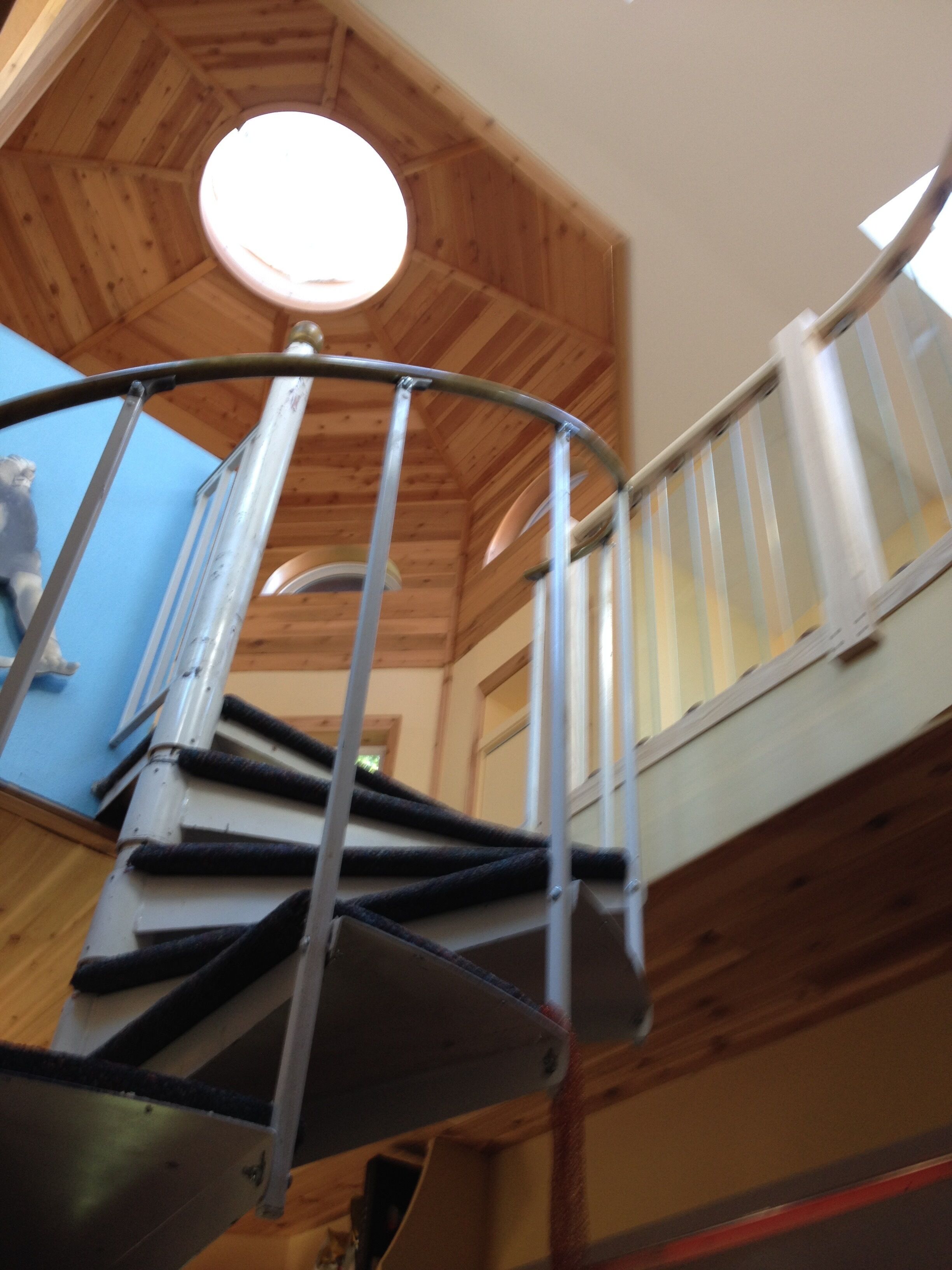 A spiral staircase with metal railings, wooden paneling on the walls, and a circular skylight.