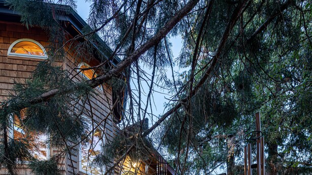 Eine rustikale Holzhütte mit einer Holzfassade, einer Terrasse und einer kleinen Außenküche.