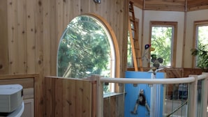 Ein Holzinnenraum mit einem großen Bogenfenster, einer Treppe mit Glastrennwand und einer blauen Wand mit einem Bild.