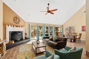 Smart TV, fireplace, video games, DVD player