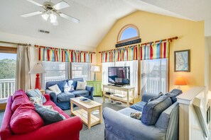 TV, DVD player, foosball, books