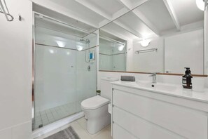 Combined shower/bathtub, hair dryer, towels, soap