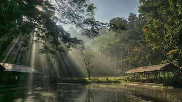 A serene lakeside scene with a wooden dock and a gazebo.