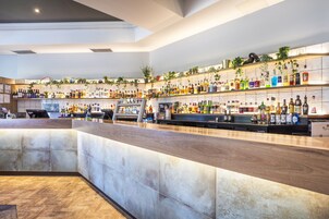 Zona de bar moderna con una barra larga, estanterías llenas de botellas de licor y plantas decorativas.