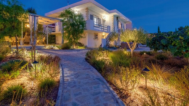 A modern house with a stone pathway leading to the entrance, surrounded by well-maintained vegetation. - Poseidonia Syros Cozy House (Poseidonia)