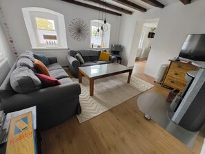 Smart TV, chimenea y libros 
