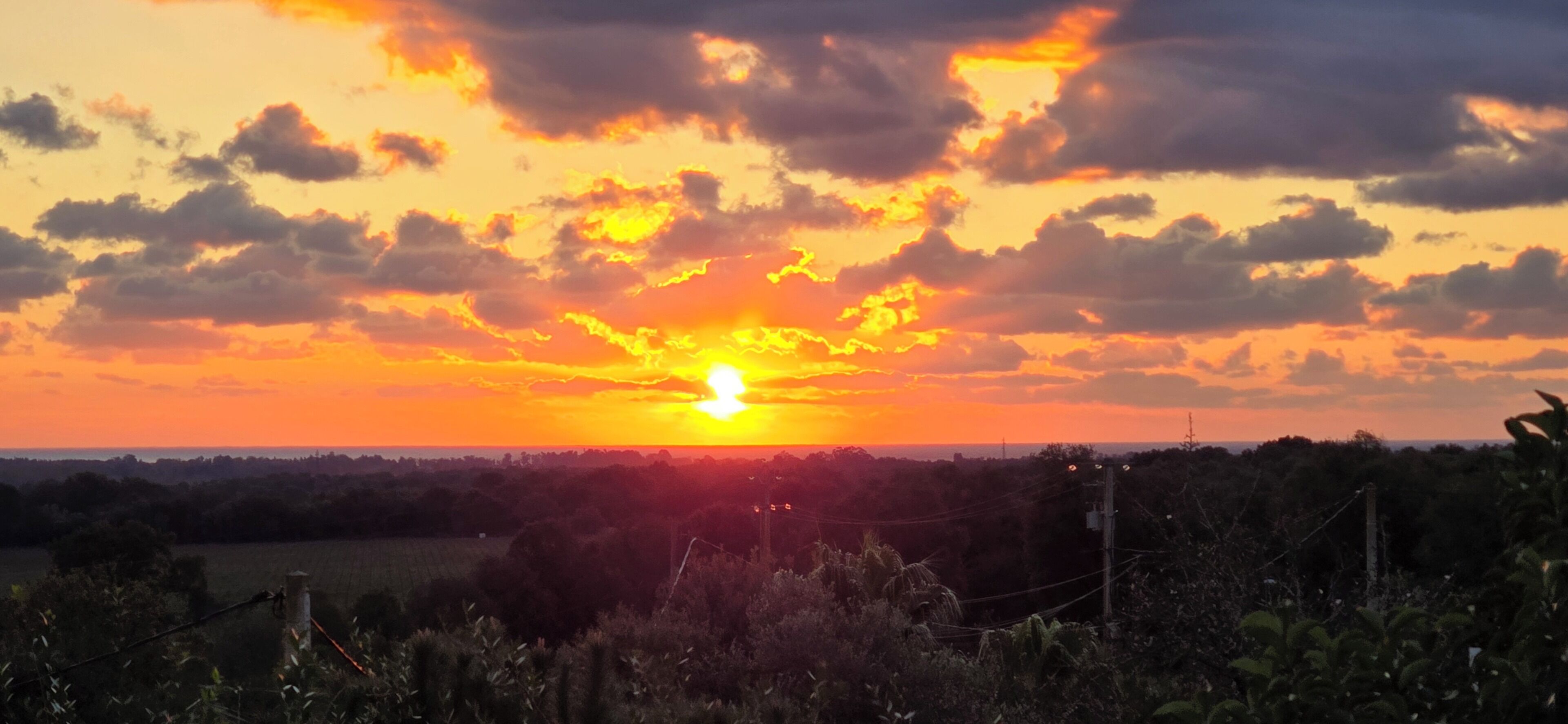 Ein Sonnenuntergang über einer ländlichen Landschaft mit Feldern und Bäumen.