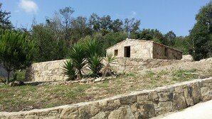 A stone building with a small open doorway, surrounded by greenery and trees. - Nice and quiet 3-room apartment with swimming pool Casa Lisa  (Prunelli-di-Fiumorbo)