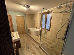 Combined shower/tub, hair dryer