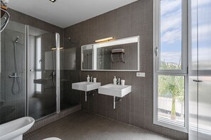 Combined shower/bathtub, hair dryer, bidet, towels