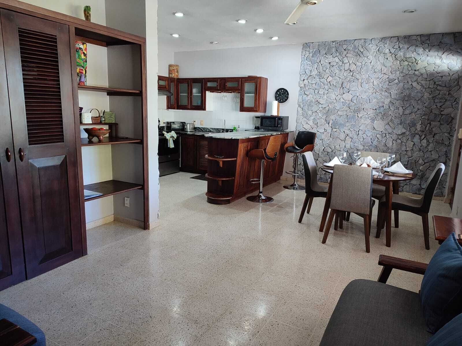 A spacious living area with a kitchen, dining area, and a large wooden wardrobe.