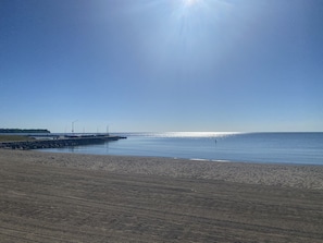 Ein Strand mit einer Pier, die sich in ruhiges Wasser erstreckt, einem klaren Himmel und einer fernen Küste.