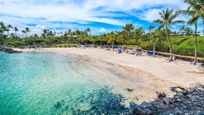 A beach with clear turquoise water, a sandy shore, and palm trees. - Sophisticated freshly remodeled 3bd+/3ba, two story villa w/ Private Beach club (Puako)