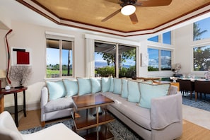 Smart TV, fireplace, books, stereo