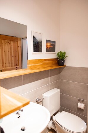 Shower, hair dryer, towels, toilet paper