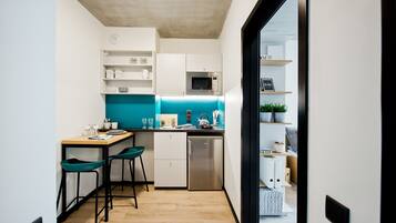 Mini-fridge, microwave, stovetop