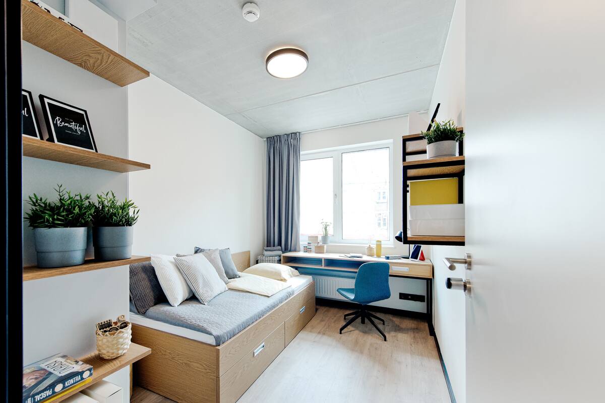 Een kleine slaapkamer met een bed, bureau, stoel en een plank met planten.