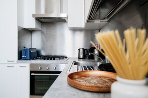 Apartamento clásico | Cocina privada | Frigorífico grande, horno, placa de cocina y lavavajillas