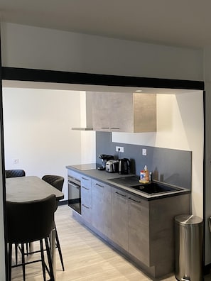 A modern kitchen with grey cabinets, a black countertop, a stainless steel sink, and a dining area with a table and chairs. - Résidence Gaby & Tom (Contrexéville)