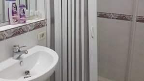 A bathroom with a white sink, a mirror, and a shower enclosure. - Casa Vacanze The Family (Campania)