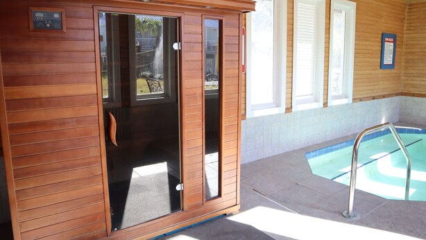 Un área de spa con una cabaña de madera, una piscina y una escalera metálica para la piscina.