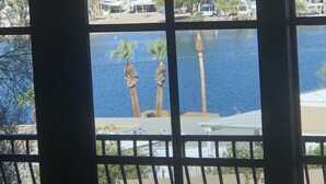 A view through a window with a metal grid, featuring palm trees and a body of water in the background.