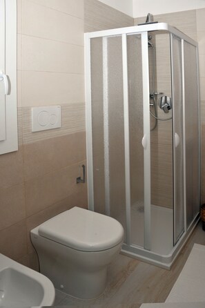 Een douche, een haardroger, een bidet, handdoeken