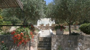 A stone staircase leading to a white building, surrounded by greenery and potted plants. - Beautiful property located in a private domain with indoor and outdoor pool. (Draguignan)