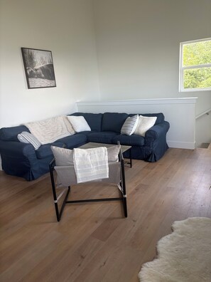En stue med en mørkeblå hjørnesofa, en hvid måtte og et billede i ramme på væggen.