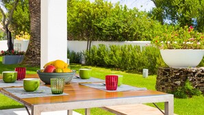 Un área de comedor al aire libre con una mesa de madera, tazas verdes y rojas, y un bol de fruta.