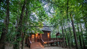 A rustic cabin with a wooden deck, surrounded by dense forest.
