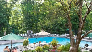 Zona de piscina con sillones de descanso, sombrillas y plantas en macetas.