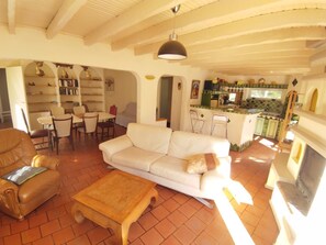 TV, lareira, livros