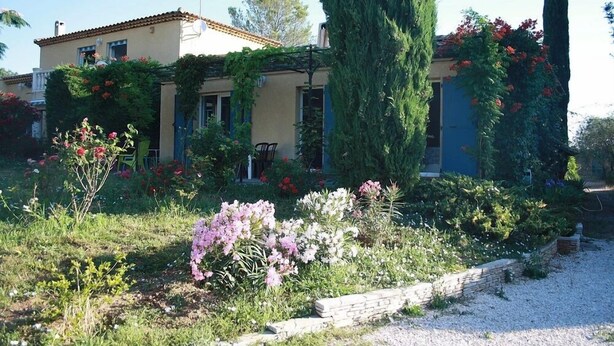 Una casa con jardín, un árbol alto y un edificio azul al fondo.