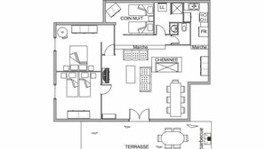 A floor plan of a hotel with a terrace, a bar, a kitchen, a dining area, and a bathroom.