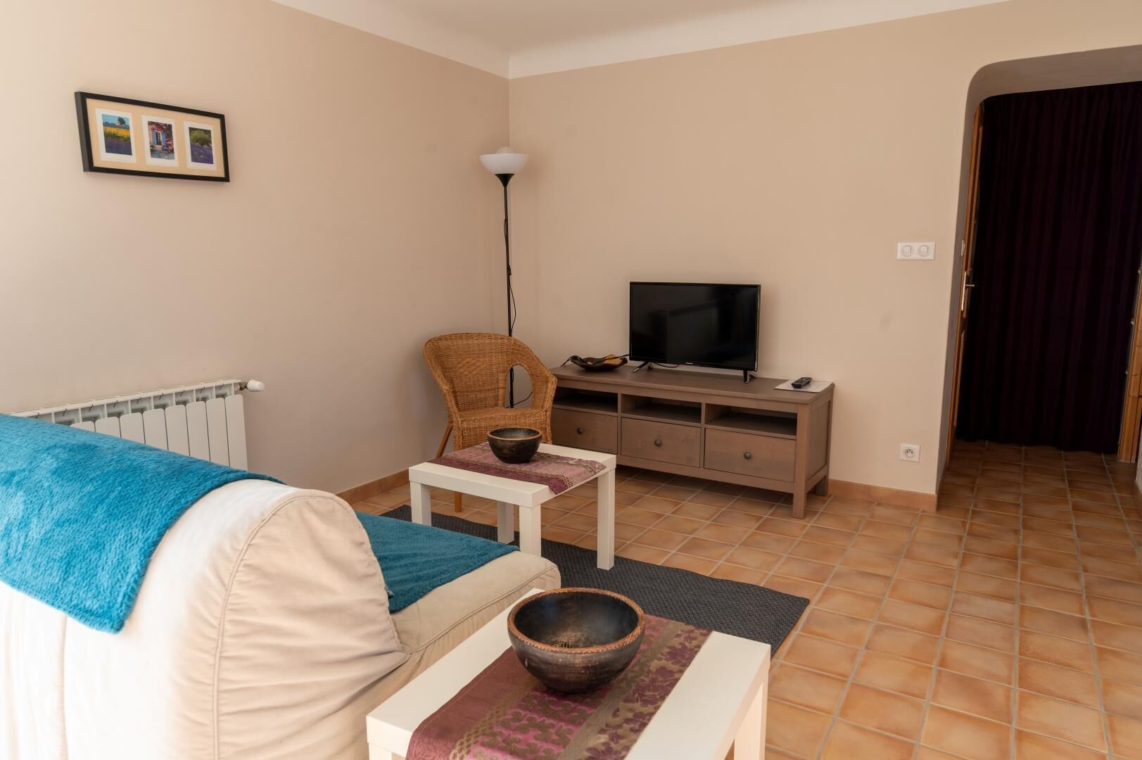 Un salon comprenant un canapé, un téléviseur posé sur un meuble en bois, un fauteuil en osier et une petite table sur laquelle se trouve un saladier.