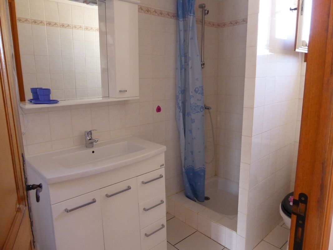 Une salle de bain avec un lavabo blanc, un miroir et un rideau de douche.