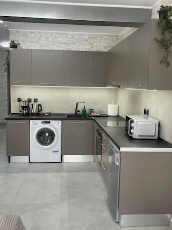 Luxury Studio Suite | Private kitchen | Fridge, microwave, electric kettle, cookware/dishes/utensils