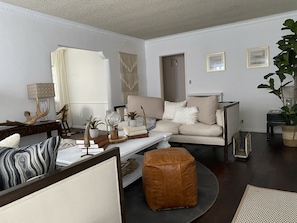 DVD player, books, video library, stereo