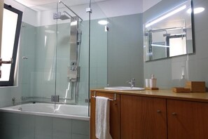 Combined shower/bathtub, hair dryer, bidet, towels