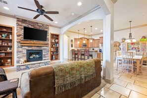 Smart TV, fireplace, DVD player, books