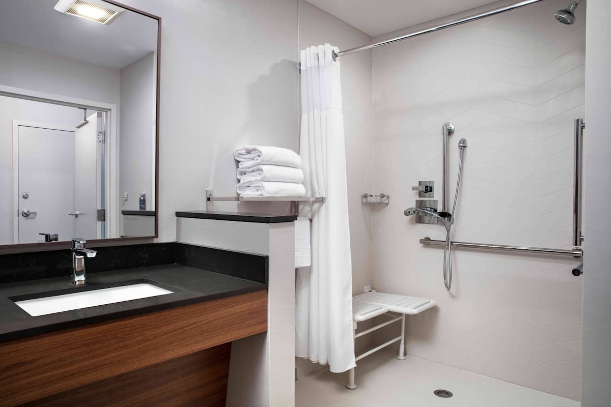 Hair dryer, towels, soap, shampoo