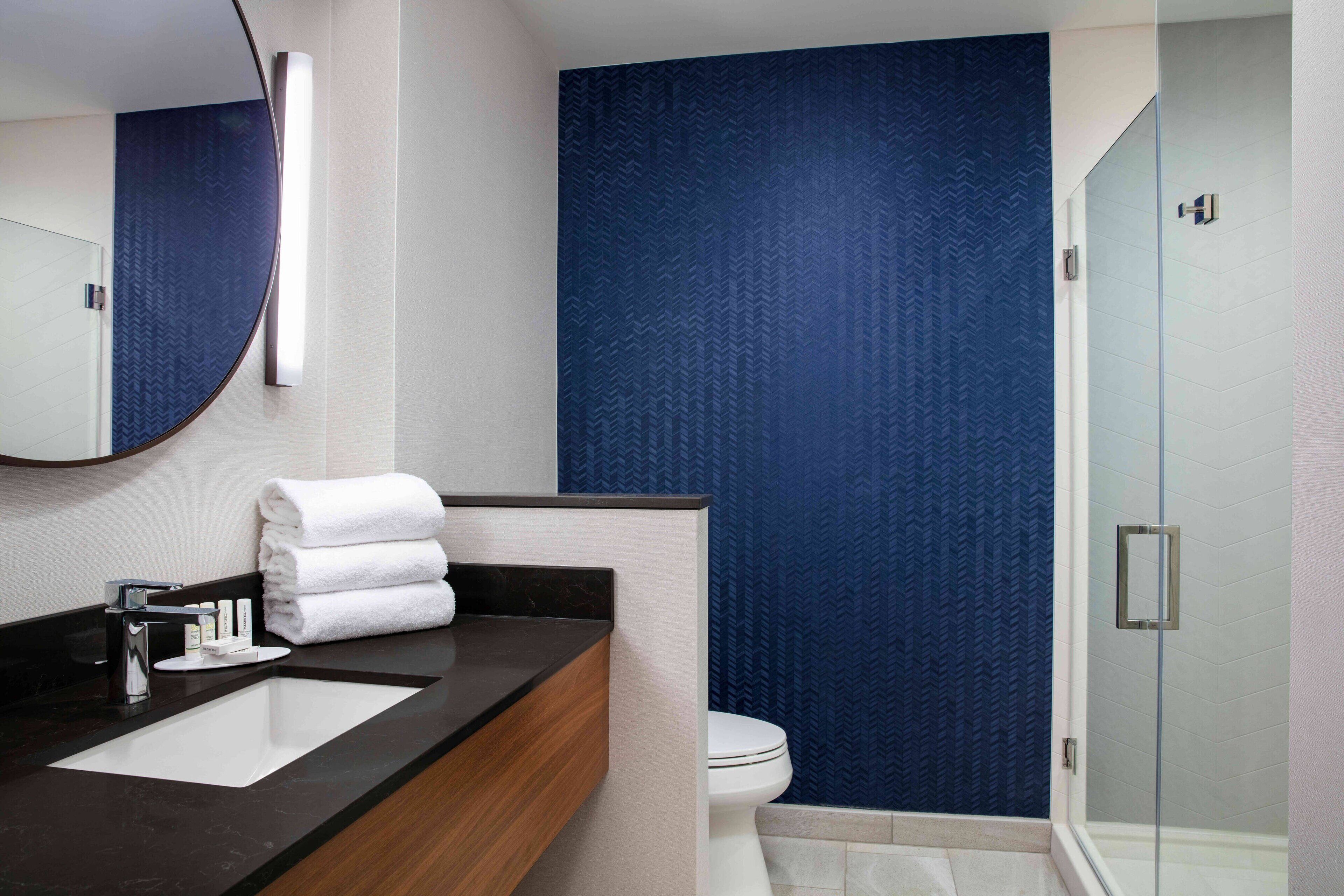 hair dryer, towels, soap, shampoo