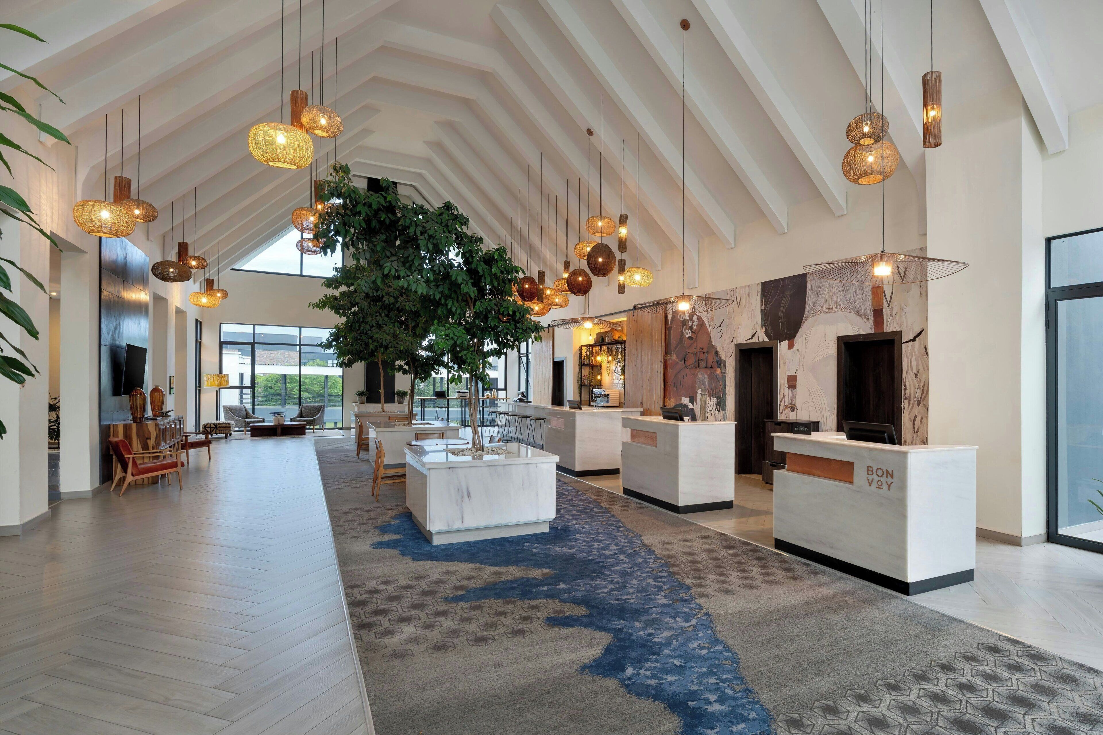 A spacious lobby with a high ceiling, hanging wicker pendant lights, a central indoor plant, a reception desk, and a large window providing natural light.