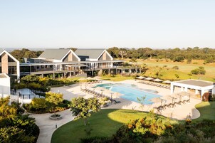 Outdoor pool, pool umbrellas, pool loungers