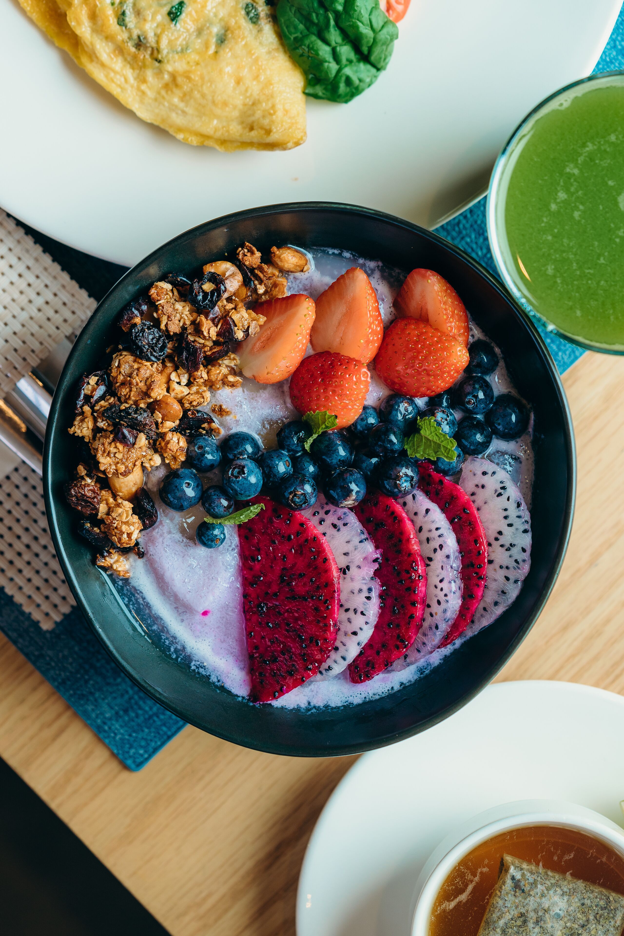 A bowl of fruit and granola with a cup of tea on a table.