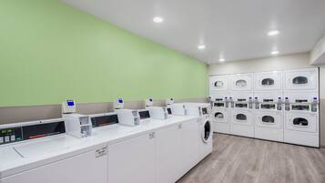 A modern laundry facility with multiple washing machines and dryers, a green wall, and a clean, well-lit environment.