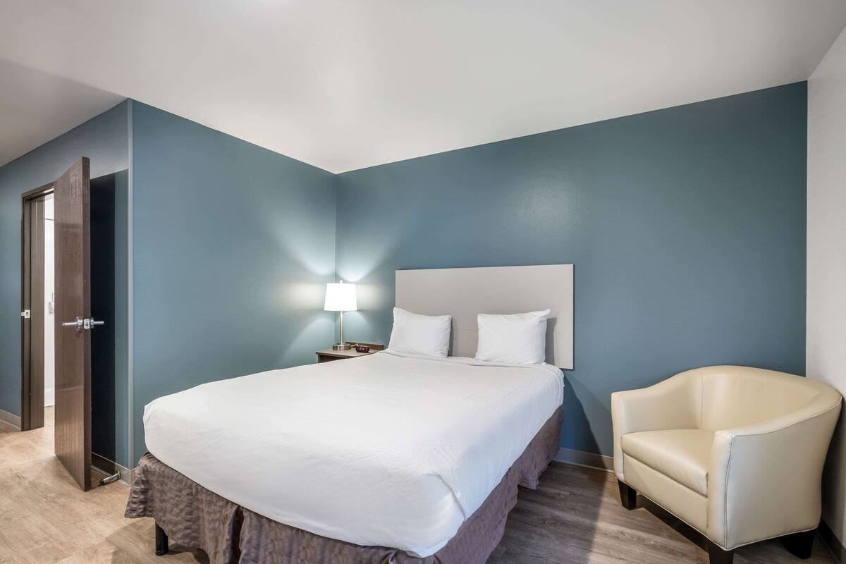A neatly arranged bedroom with a large bed, a bedside lamp, and a chair.