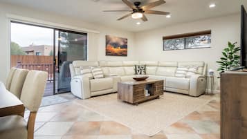 Smart TV, fireplace, books