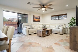 Smart TV, fireplace, books